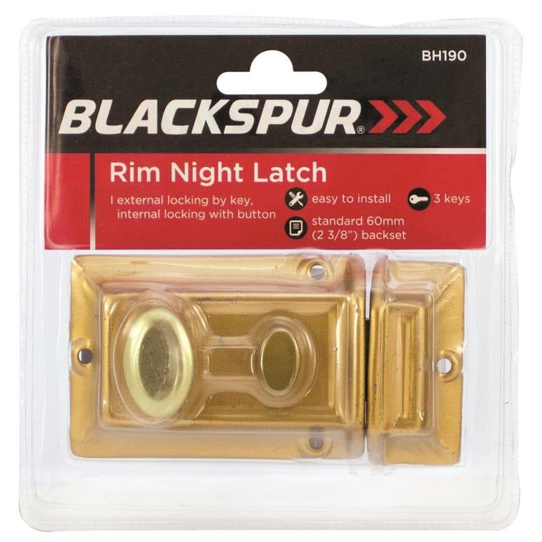 Blackspur Rim Night Latch with 3 Keys Golden BH190 | Standard 60mm Backset | Brass Finish | Door Lock with Internal Button and External Key Locking | Easy to Install