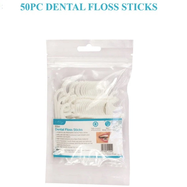 Ashley Housewares Dental Floss Sticks White Pack of 50 TB175 | Disposable Floss Picks with Toothpick End | High Impact Polystyrene | 2-in-1 Function | Non-Slip Handle Design for Comfort | 360 Degree Cleaning | Helps to Prevent Bad Breath and Maintain