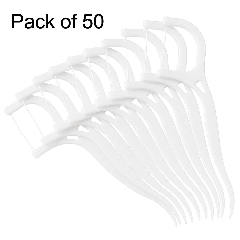 Ashley Housewares Dental Floss Sticks White Pack of 50 TB175 | Disposable Floss Picks with Toothpick End | High Impact Polystyrene | 2-in-1 Function | Non-Slip Handle Design for Comfort | 360 Degree Cleaning | Helps to Prevent Bad Breath and Maintain