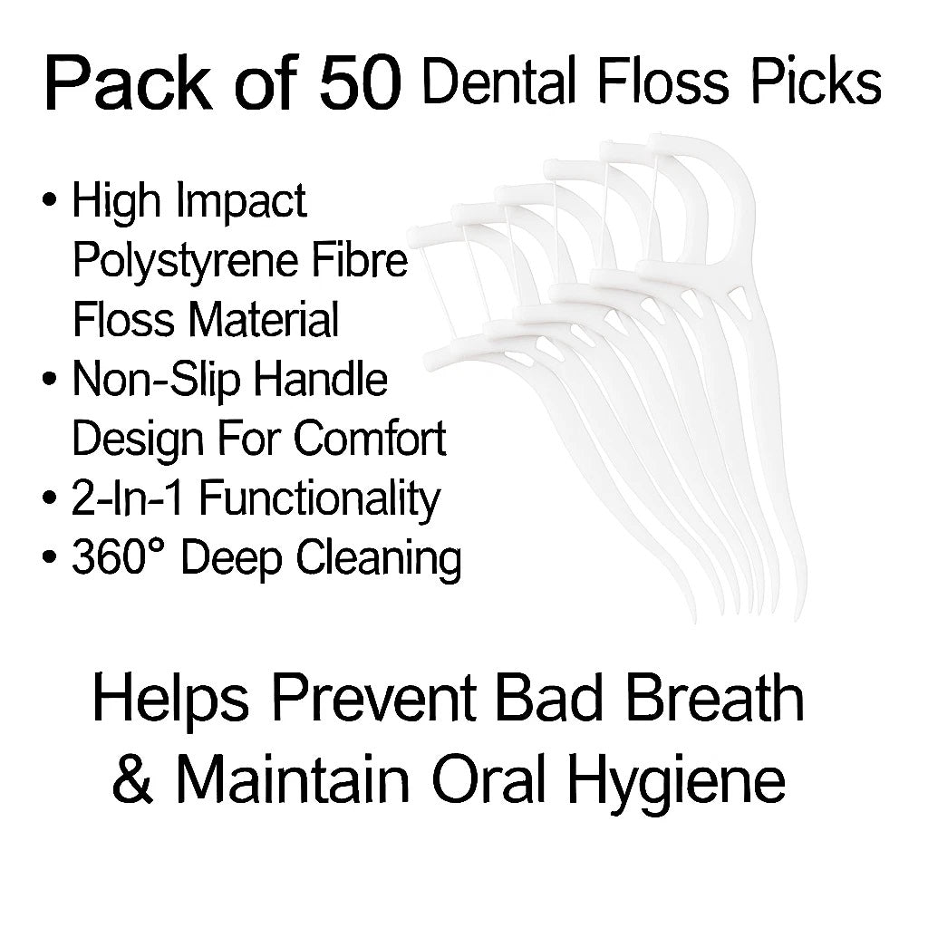 Ashley Housewares Dental Floss Sticks White Pack of 50 TB175 | Disposable Floss Picks with Toothpick End | High Impact Polystyrene | 2-in-1 Function | Non-Slip Handle Design for Comfort | 360 Degree Cleaning | Helps to Prevent Bad Breath and Maintain