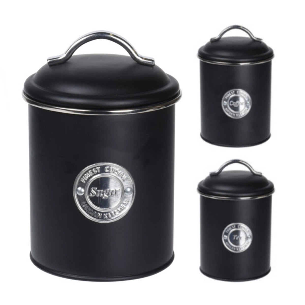 Excellent Houseware Tea Coffee and Sugar Storage Tin Set Black 3-Piece C80601960