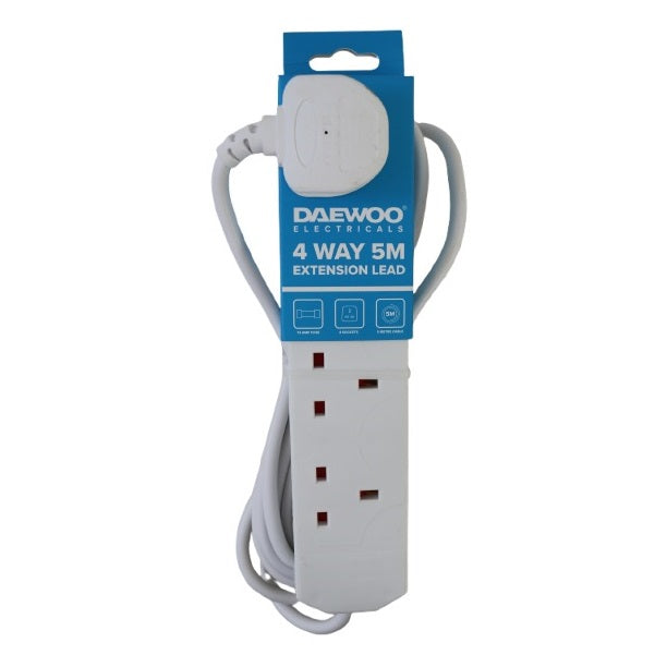 Daewoo 4 Way Extension Lead White 5Mtr EXT1029 | 13A Fused Power | Strip with 4 UK Plug Sockets | Long Cable Extension | For Home-Office-Electronics and Appliances