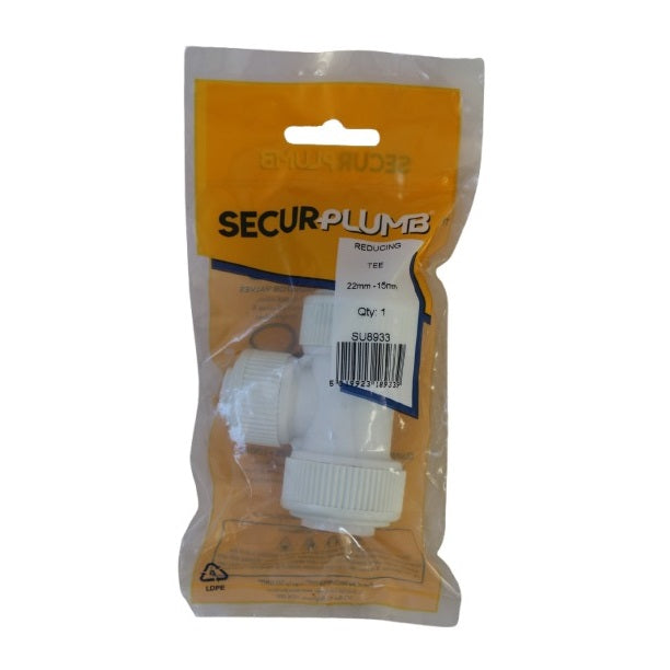 Securplumb Push Fit Reducing Tee White 22mm x 15mm Pack of 1 SU8933 | Plastic Plumbing Fitting Connector | Easy to Install