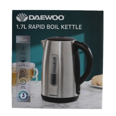 Daewoo Rapid Boil Kettle Silver 1.7Ltr SDA2733 | 3000W Power | Stainless Steel Electric Jug | Kettle with Wide Opening Lid | Water Level Gauge | Easy to Use | 360 Degree Rotating Base | Automatic Shut-Off