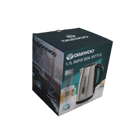 Daewoo Rapid Boil Kettle Silver 1.7Ltr SDA2733 | 3000W Power | Stainless Steel Electric Jug | Kettle with Wide Opening Lid | Water Level Gauge | Easy to Use | 360 Degree Rotating Base | Automatic Shut-Off