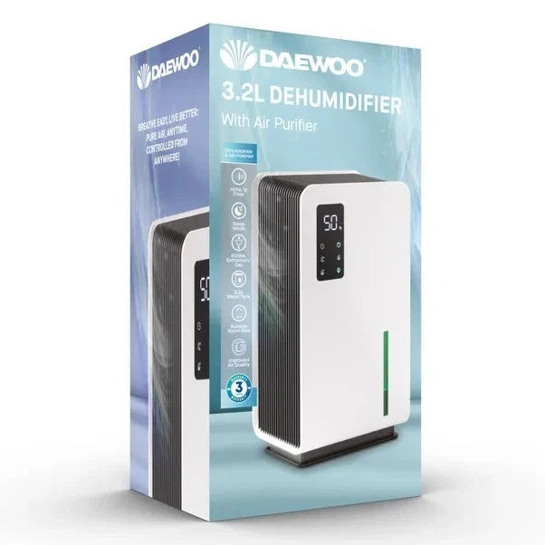 Daewoo Dehumidifier with Air Purifier Black and White 3.2Ltr COL1657 | HEPA 12 Filter | Sleep Mode | 500ml Extraction Per Day | Suitable Room Size | Improved Air Quality