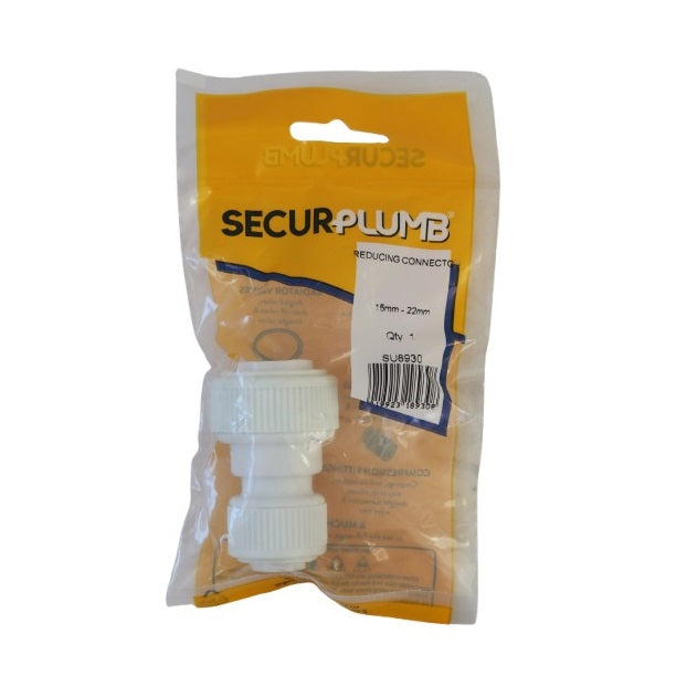 SecurPlumb Push Fit Reducing Connector White 15mm x 22mm Pack of 1 SU8930 | Plastic Compression Fitting | Durable Plumbing Connector for Pipes | Easy to Install