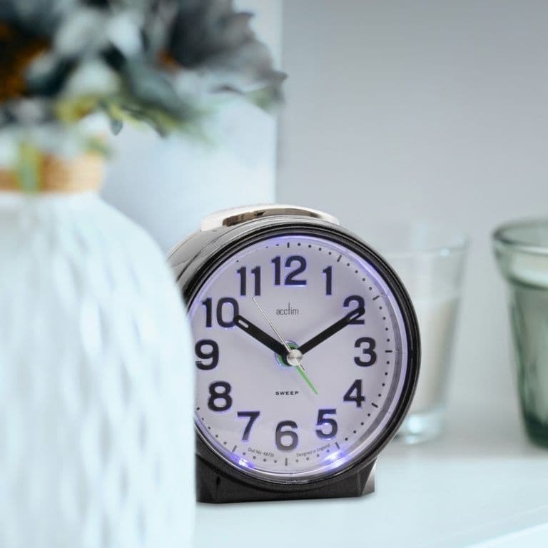 Acctim Eden Sweep Alarm Clock Pearl Black 16523 | Non-Ticking Seconds Hand | Superbrite Backlight | Crescendo Alarm with Snooze