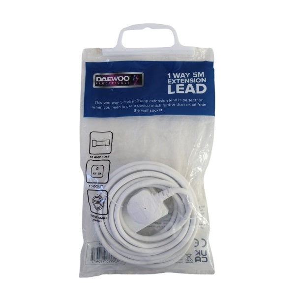 Daewoo 1 Way Extension Lead White 5Mtr EXT1302 | 13Amp Fused Plug | Single Socket Heavy Duty Cable | Long Power Extension Cord for Home-Office and DIY