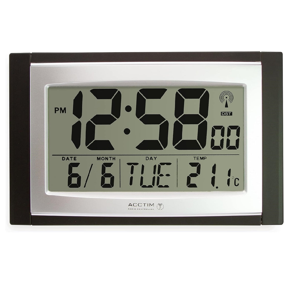 Acctim Stratus Radio Controlled LCD Wall-Desk Clock Black H17 x W27cm 74053 | Calendar | Indoor Temperature | Beep Alarm with Snooze | Table and Wall Mount