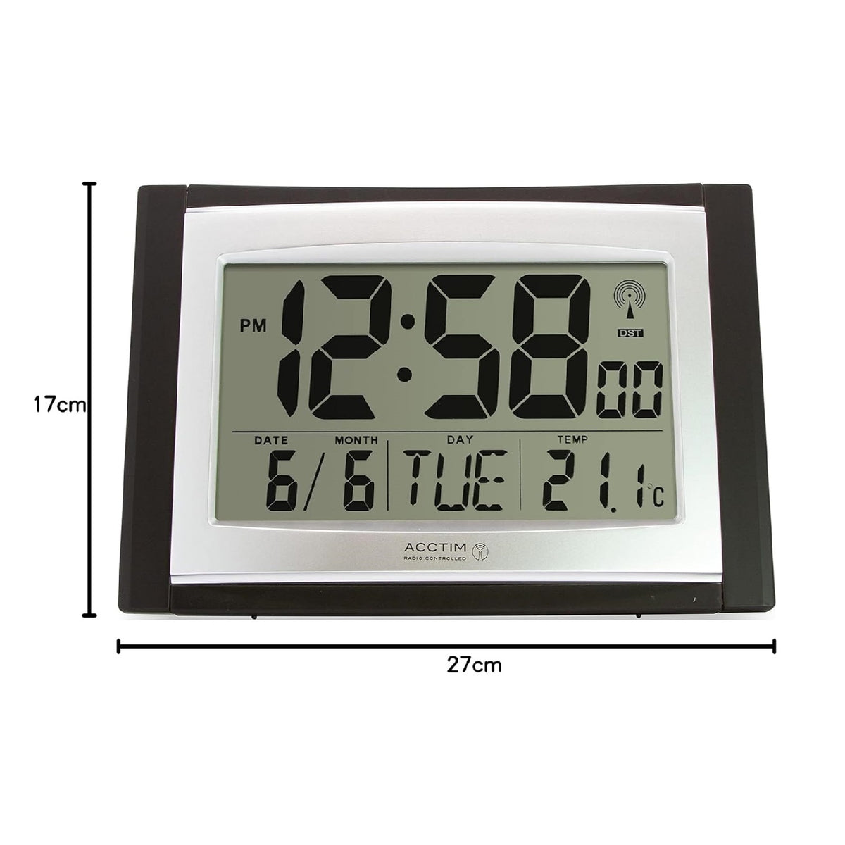 Acctim Stratus Radio Controlled LCD Wall-Desk Clock Black H17 x W27cm 74053 | Calendar | Indoor Temperature | Beep Alarm with Snooze | Table and Wall Mount