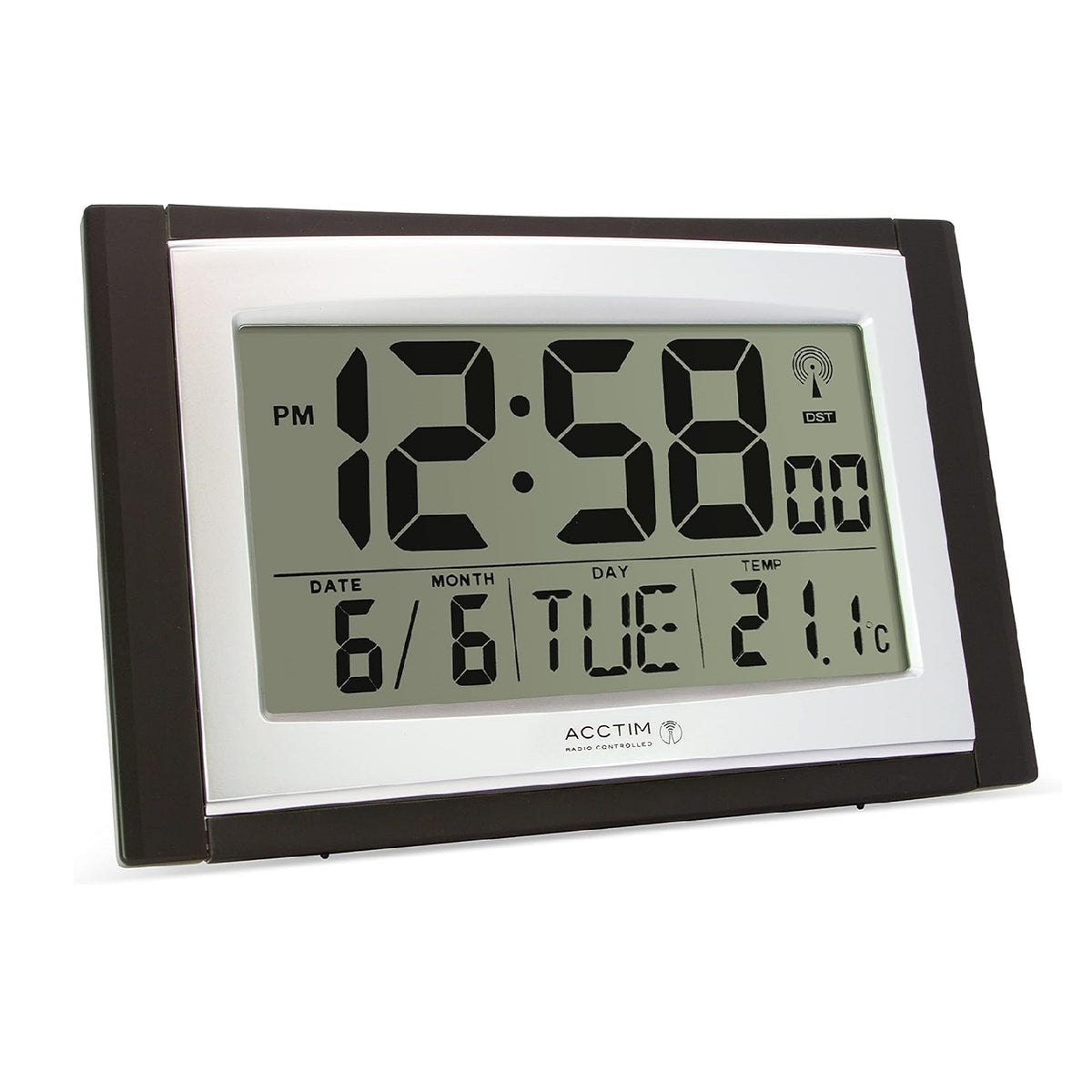 Acctim Stratus Radio Controlled LCD Wall-Desk Clock Black H17 x W27cm 74053 | Calendar | Indoor Temperature | Beep Alarm with Snooze | Table and Wall Mount