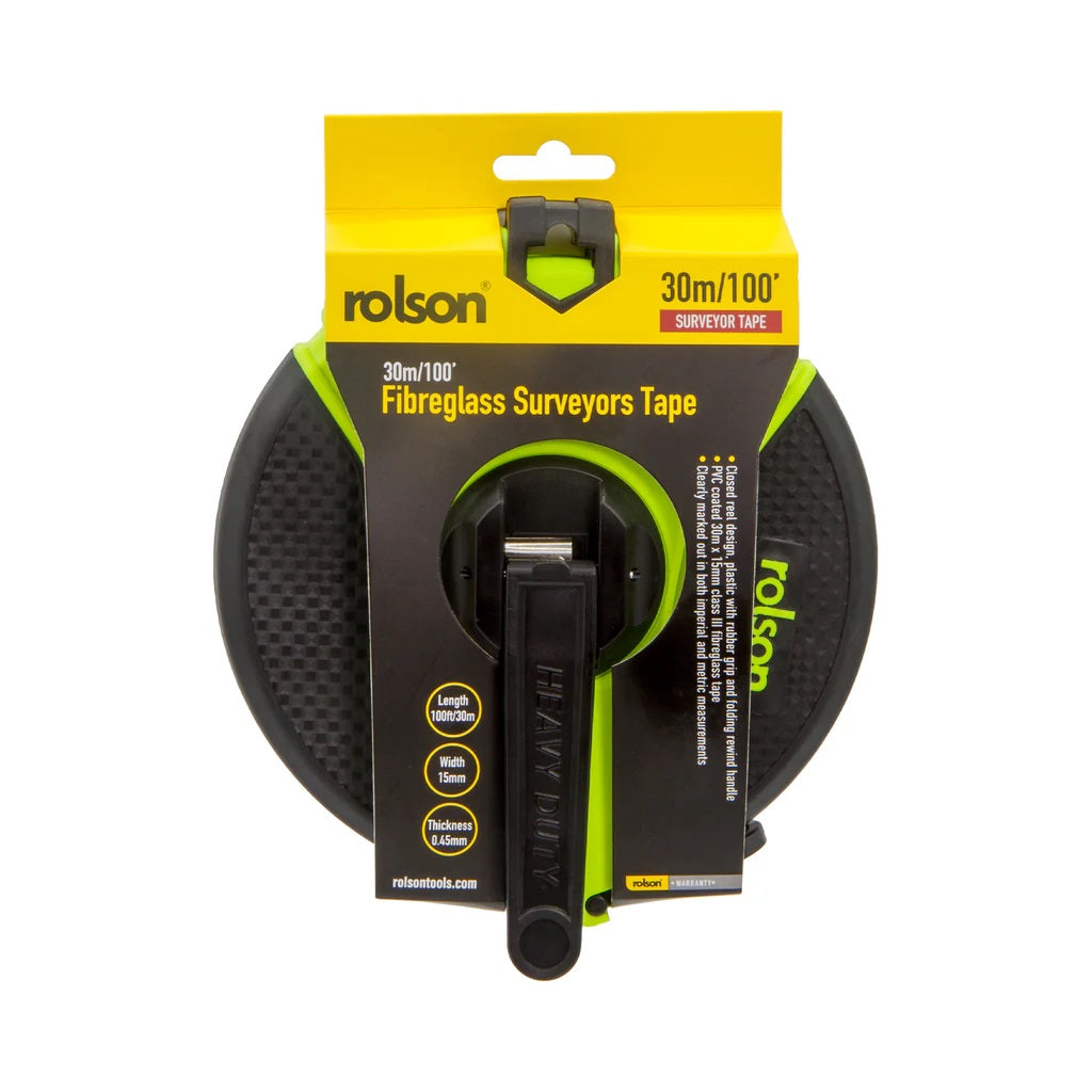 Rolson Fibreglass Surveyors Tape Black and Green 30Mtr x 15mm x 0.45mm 50740 | Measuring Reel | PVC Coated Tape | With Rewind Handle | Metric and Imperial Markings