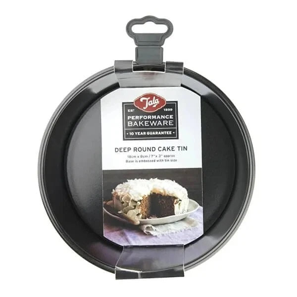 Tala Performance Deep Round Cake Tin Black 18cm x 8cm 10A10655 | Tough and Durable | Metal Utensil Safe | 2-Layer Non Stick | BPA Free | Easy to Clean | Quick Release Loose Base | Fridge and Freezer Safe | Dishwasher Safe | Oven Safe | Embossed Size on Base