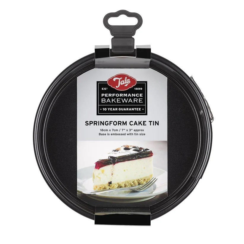 Tala Performance Springform Cake Tin Black 18cm x 7cm 10A14384 | Tough and Durable | Metal Utensil Safe | 2-Layer Non Stick | BPA Free | Easy to Clean | Quick Release Loose Base | Fridge and Freezer Safe | Dishwasher Safe | Oven Safe | Embossed Size on Base