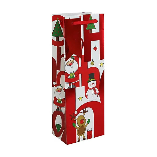 Clairefontaine Eurowrap Christmas Hohoho Bottle Gift Bag Multicoloured 127mm x 355mm x 90mm Pack of 12 X-36145-4C | With Red Ribbon Handle | Festive Santa-Snowman-Penguin Design
