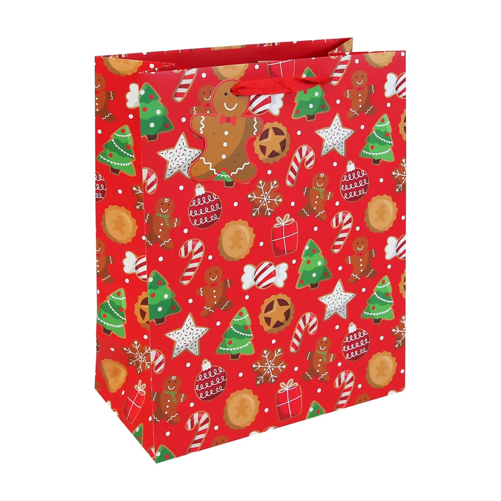 Clairefontaine Eurowrap Christmas Gingerbread Gift Bag Multicoloured Large 26.5cm x 33cm x 14cm Pack of 12 X-36124-2C | With Red Ribbon Handle