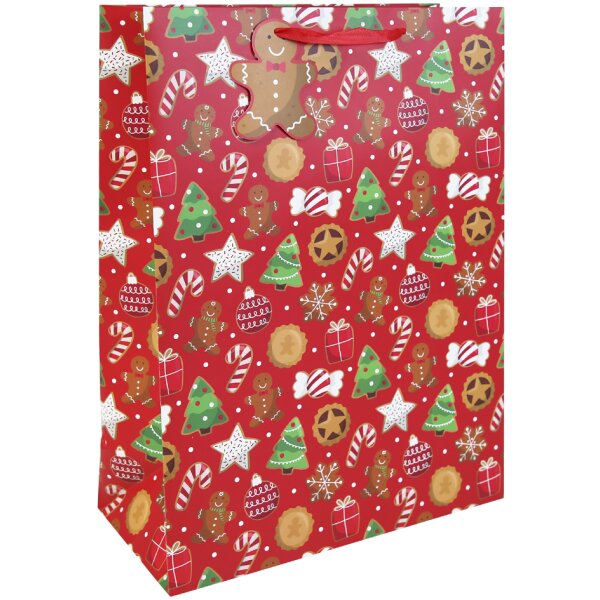 Clairefontaine Eurowrap Christmas Gingerbread Gift Bag Multicoloured Large 26.5cm x 33cm x 14cm Pack of 12 X-36124-2C | With Red Ribbon Handle