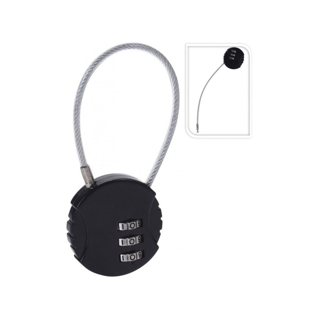 ProWorld Combination Travel Padlock Black 9cm x 3.8cm x 1.2cm CY8920150 | 3-Digit Code Luggage Lock | Secure Cable Padlock | For Suitcases-Backpacks-Lockers and Travel Bags