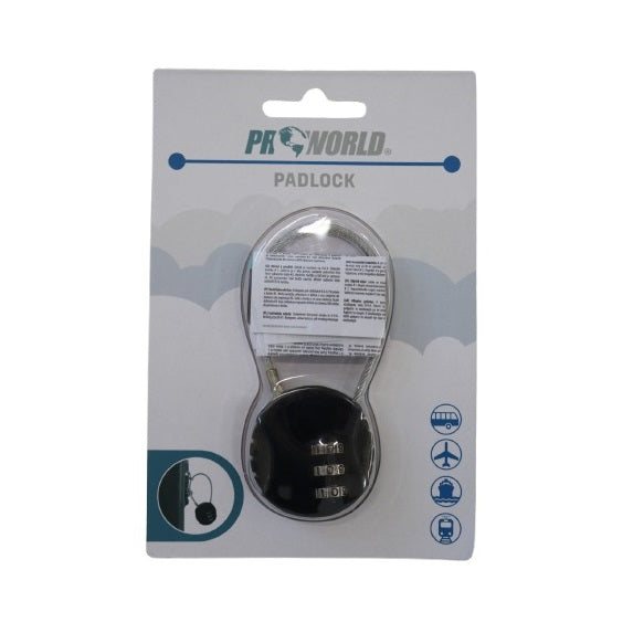 ProWorld Combination Travel Padlock Black 9cm x 3.8cm x 1.2cm CY8920150 | 3-Digit Code Luggage Lock | Secure Cable Padlock | For Suitcases-Backpacks-Lockers and Travel Bags