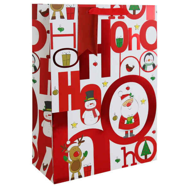 Clairefontaine Eurowrap Christmas Hohoho Gift Bag Multicoloured Large 265mm x 330mm x 140mm Pack of 12 X-36145-2C | With Red Ribbon Handle | Festive Santa-Snowman-Penguin Design