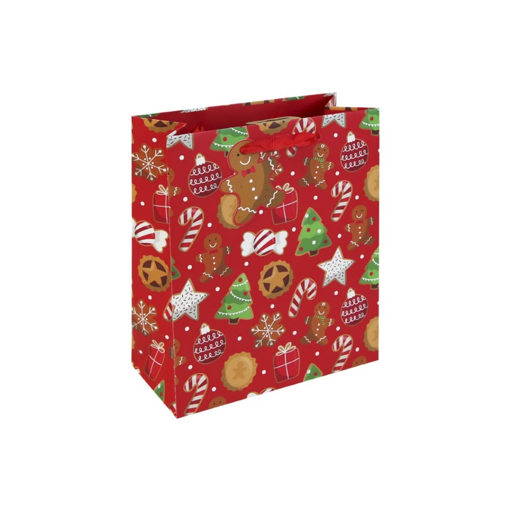 Clairefontaine Eurowrap Christmas Gingerbread Gift Bag Multicoloured Medium 21.5cm x 25.3cm x 10.2cm Pack of 12 X-36124-3C | With Red Ribbon Handle
