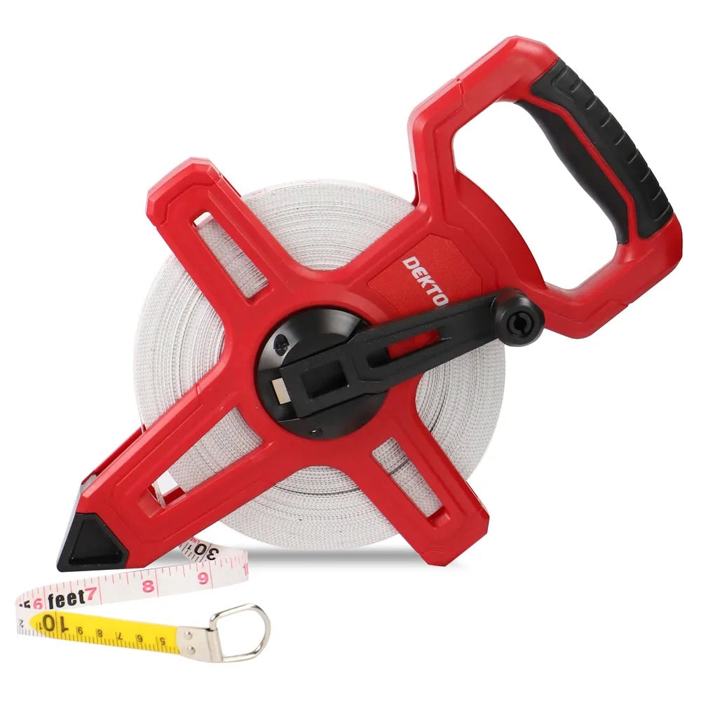 Dekton Fibreglass Surveyor Tape with Holder Red and Black 50Mtr DT55205 | UV Print | TRP Handle | Abrasion Resistant | Ergonomic Handle | Fast Rewinding | Durable Non-Stretch Measuring Reel | Meters and Ft 2 In 1