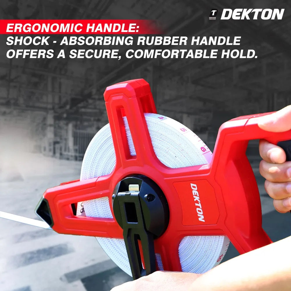 Dekton Fibreglass Surveyor Tape with Holder Red and Black 50Mtr DT55205 | UV Print | TRP Handle | Abrasion Resistant | Ergonomic Handle | Fast Rewinding | Durable Non-Stretch Measuring Reel | Meters and Ft 2 In 1