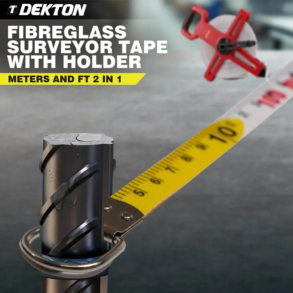 Dekton Fibreglass Surveyor Tape with Holder Red and Black 50Mtr DT55205 | UV Print | TRP Handle | Abrasion Resistant | Ergonomic Handle | Fast Rewinding | Durable Non-Stretch Measuring Reel | Meters and Ft 2 In 1