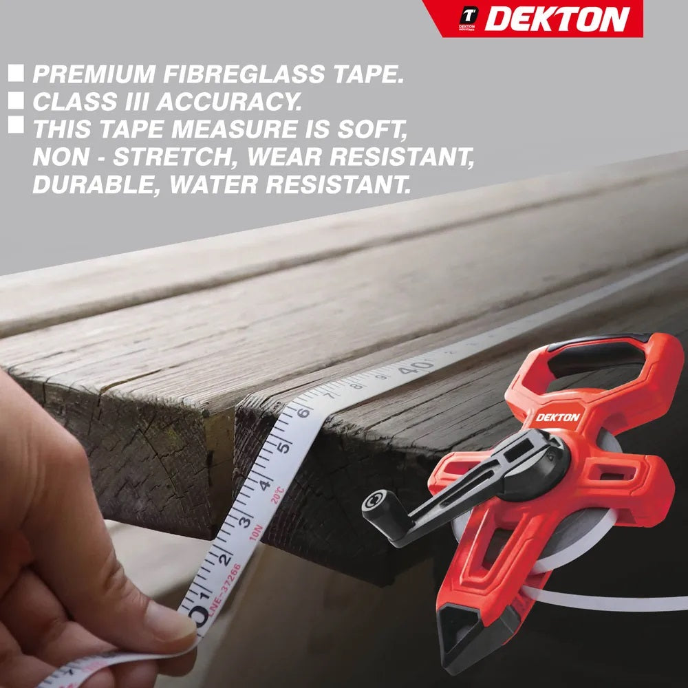 Dekton Fibreglass Surveyor Tape with Holder Red and Black 50Mtr DT55205 | UV Print | TRP Handle | Abrasion Resistant | Ergonomic Handle | Fast Rewinding | Durable Non-Stretch Measuring Reel | Meters and Ft 2 In 1