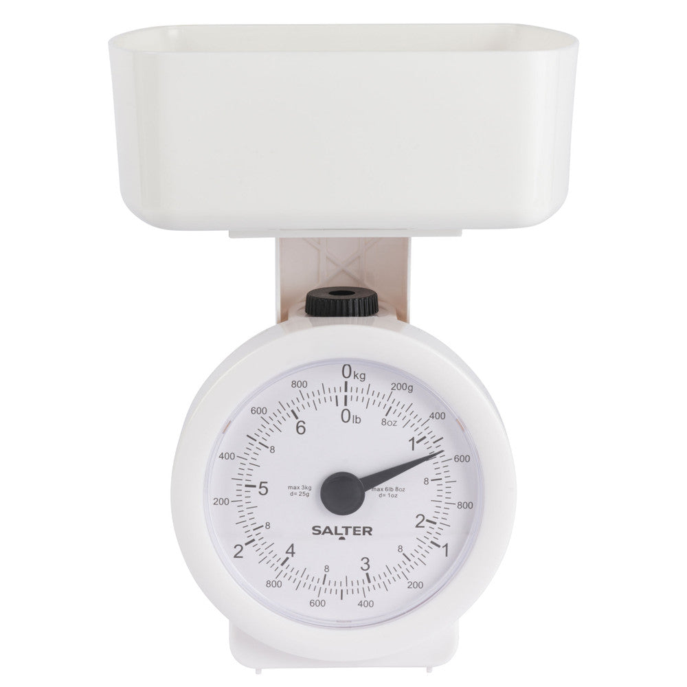 Salter Mechanical Kitchen Scale White 24cm x 18cm 112 WHFEU12 | Max Weight 3Kg | Compact Design | Easy-Read Dial | 1Ltr Dishwasher Safe Bowl | No Battery Required