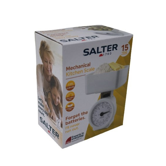 Salter Mechanical Kitchen Scale White 24cm x 18cm 112 WHFEU12 | Max Weight 3Kg | Compact Design | Easy-Read Dial | 1Ltr Dishwasher Safe Bowl | No Battery Required