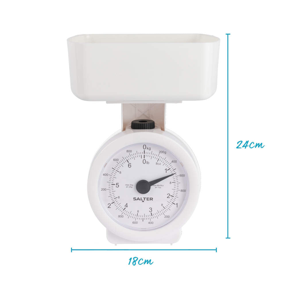 Salter Mechanical Kitchen Scale White 24cm x 18cm 112 WHFEU12 | Max Weight 3Kg | Compact Design | Easy-Read Dial | 1Ltr Dishwasher Safe Bowl | No Battery Required