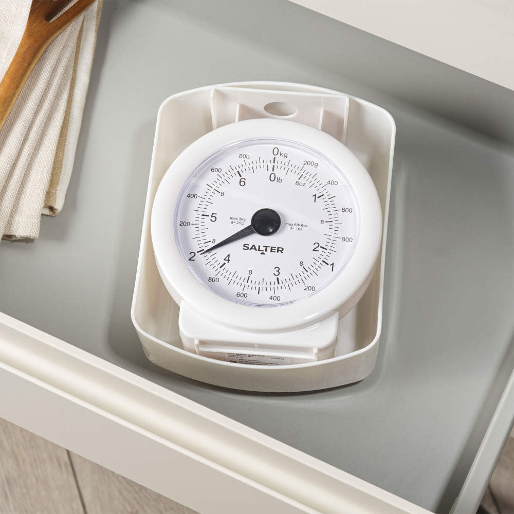 Salter Mechanical Kitchen Scale White 24cm x 18cm 112 WHFEU12 | Max Weight 3Kg | Compact Design | Easy-Read Dial | 1Ltr Dishwasher Safe Bowl | No Battery Required