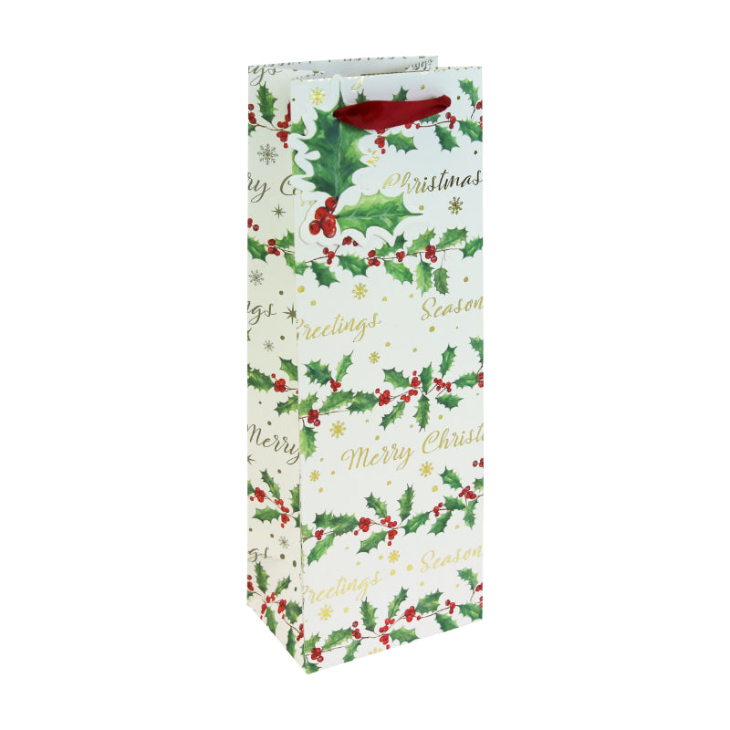 Clairefontaine Eurowrap Christmas Holly Text White Kraft Bottle Gift Bag Multicoloured 127mm x 355mm x 90mm Pack of 12 X-36066-4C | With Red Ribbon Handle