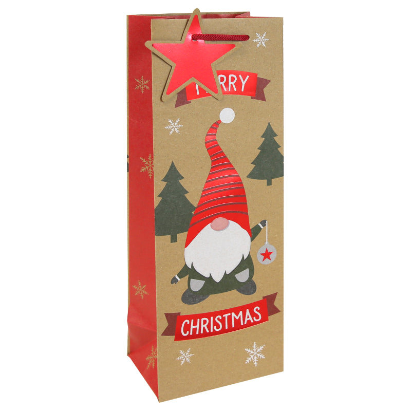 Clairefontaine Eurowrap Christmas Gonk Craft Bottle Gift Bag Multicoloured 127mm x 355mm x 90mm Pack of 12 X-36048-4C | With Red Ribbon Handle | Festive Santa-Christmas Tree Design
