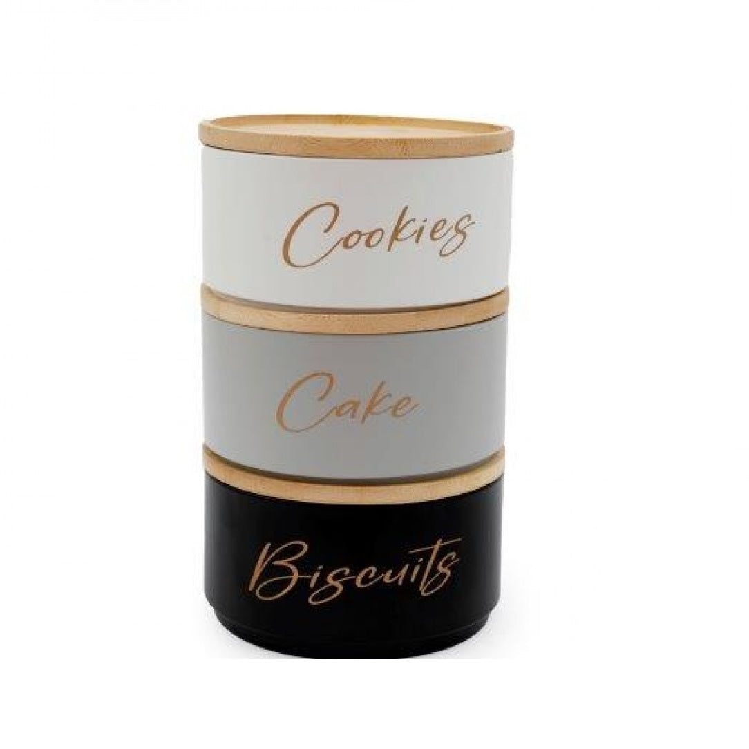 SiL Stackable Canisters with Bamboo Lids White-Grey-Black Small 16cm x 16cm x 26cm Pack of 3 917g KG4080 | Cake-Cookies-Biscuits Canisters | Airtight Containers