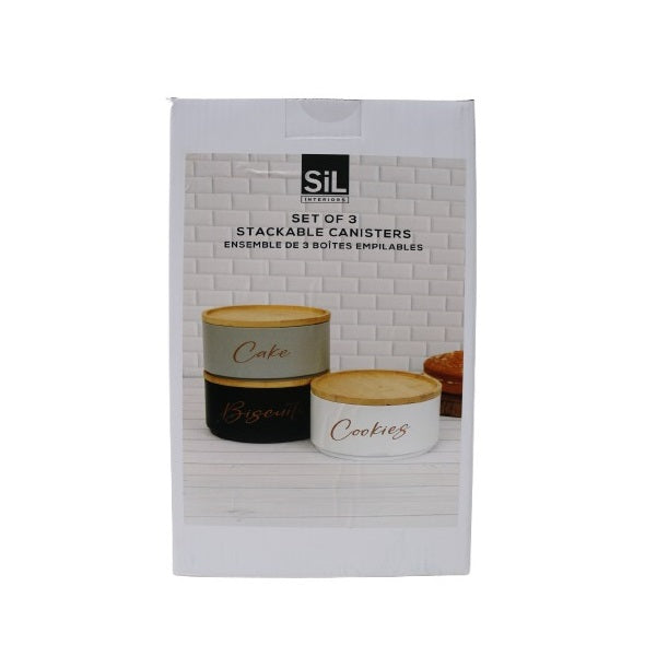 SiL Stackable Canisters with Bamboo Lids White-Grey-Black Small 16cm x 16cm x 26cm Pack of 3 917g KG4080 | Cake-Cookies-Biscuits Canisters | Airtight Containers
