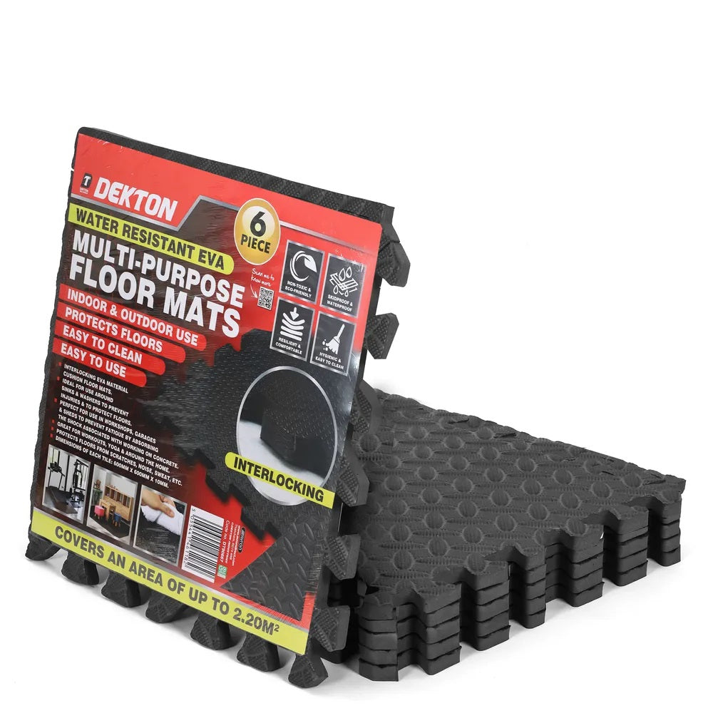 Dekton Multipurpose Interlocking EVA Foam Floor Mats Black 600mm x 600mm x 10mm Pack of 6 DT90667 | Waterproof and Skidproof | Protects Floors | Hygienic and Easy to Clean | Indoor and Outdoor Use | Covers An Area of 2.2 Square Metres | Non-Toxic and Eco-Friendly | Resilient and Comfortable | Use in Workshops-Garages and Shed
