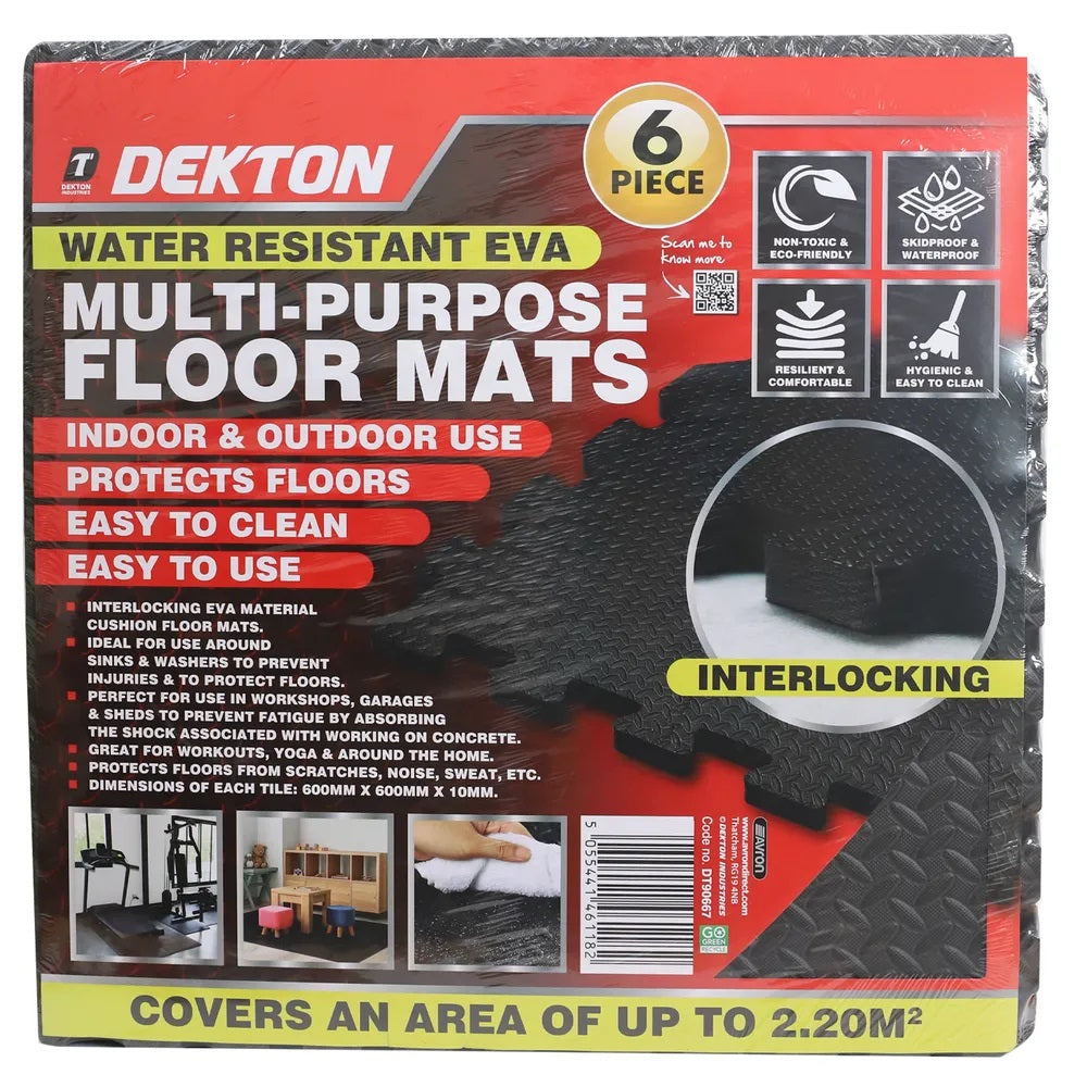 Dekton Multipurpose Interlocking EVA Foam Floor Mats Black 600mm x 600mm x 10mm Pack of 6 DT90667 | Waterproof and Skidproof | Protects Floors | Hygienic and Easy to Clean | Indoor and Outdoor Use | Covers An Area of 2.2 Square Metres | Non-Toxic and