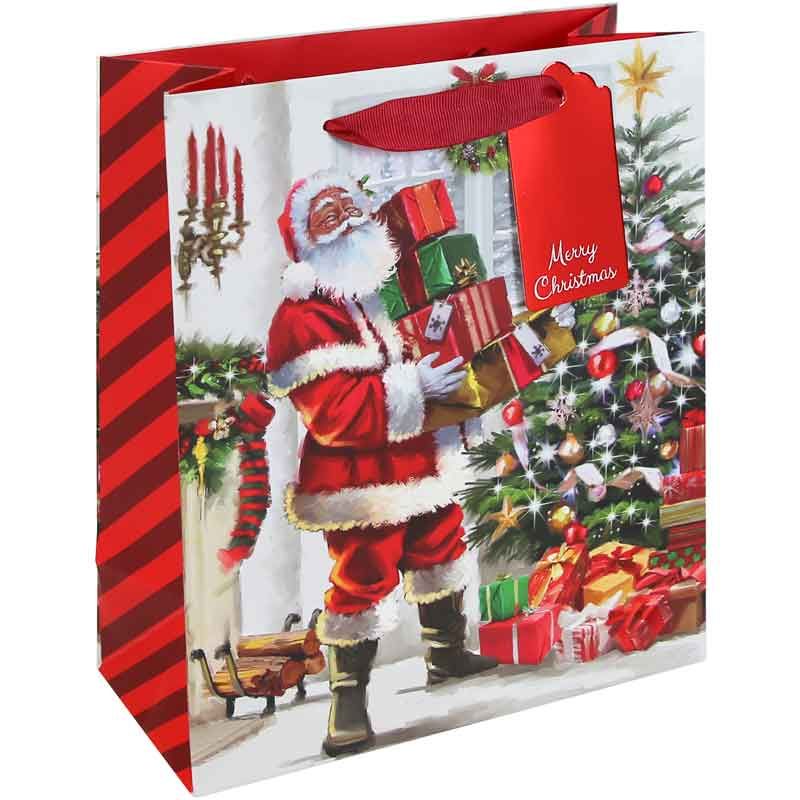 Clairefontaine Eurowrap Christmas Joyful Santa Gift Bag Multicoloured Medium 21.5cm x 25.3cm x 10.2cm Pack of 12 X-36035-3C | With Red Ribbon Handle
