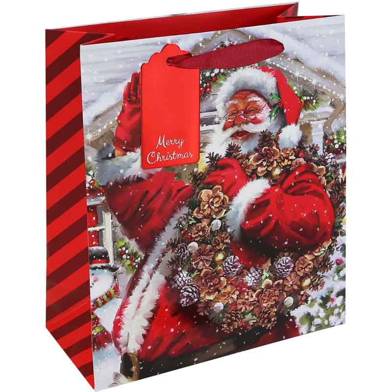 Clairefontaine Eurowrap Christmas Joyful Santa Gift Bag Multicoloured Medium 21.5cm x 25.3cm x 10.2cm Pack of 12 X-36035-3C | With Red Ribbon Handle