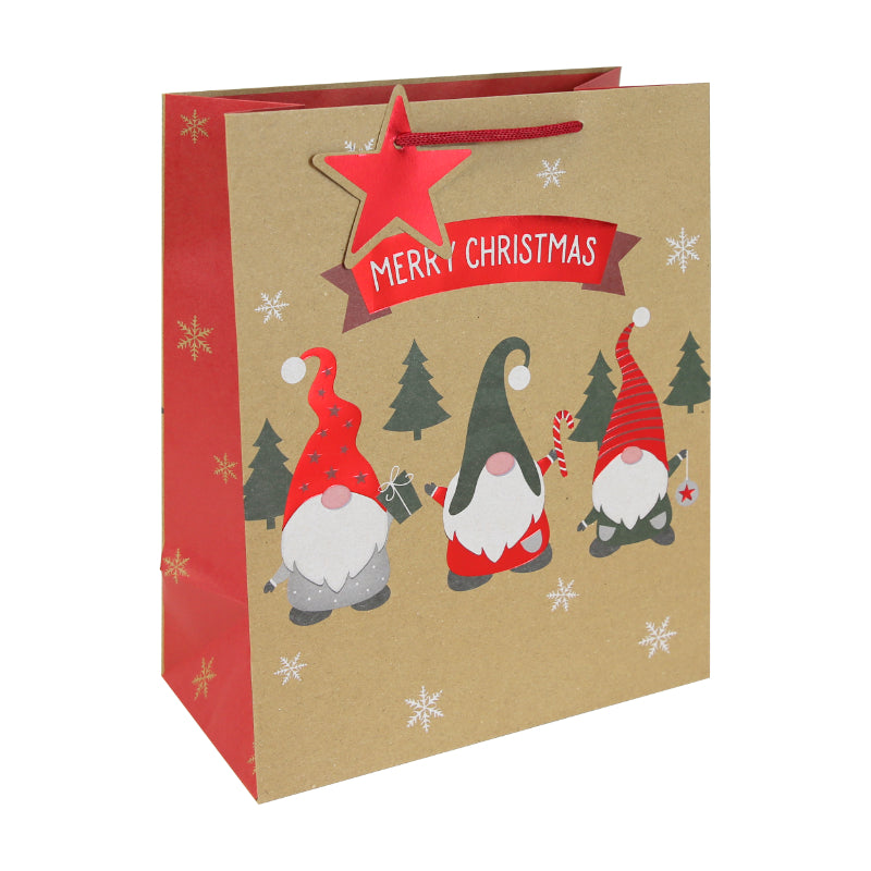 Clairefontaine Eurowrap Christmas Gonk Kraft Gift Bag Multicoloured Large 26.5cm x 33cm x 14cm Pack of 12 X-36048-2C | With Red Ribbon Handle