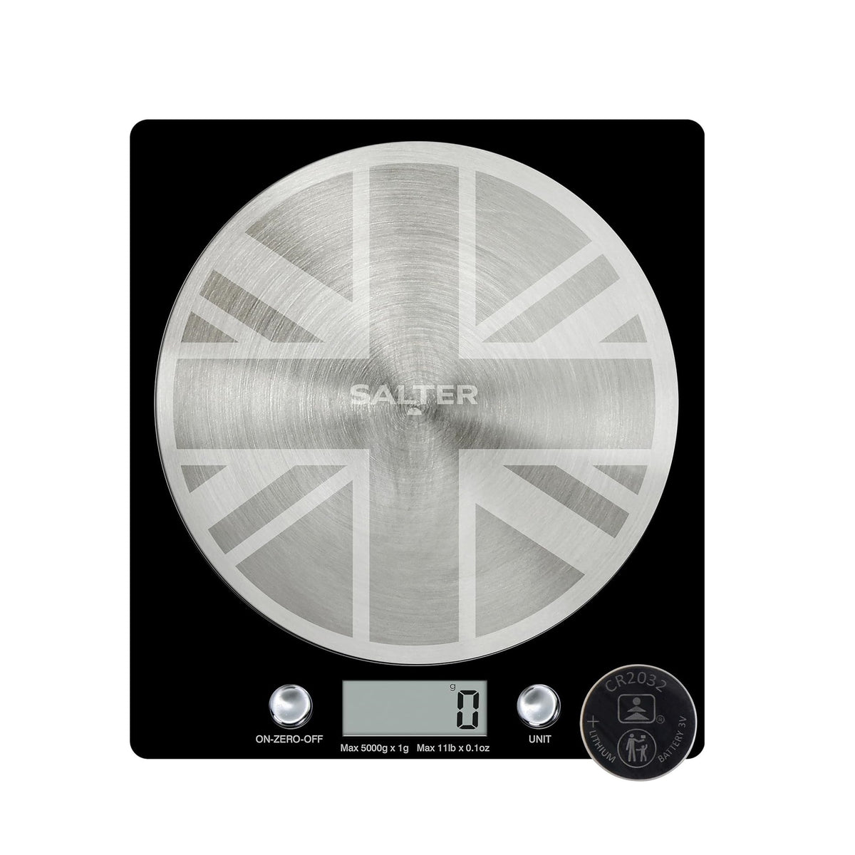 Salter Union Jack Electronic Kitchen Scale Black 22cm x 22cm x 25cm 1036 UJBKDRCEU | 5kg Capacity | Digital Food Weighing Scale | Aquatronic for Liquids | Add and Weigh for Multiple Ingredients | Stainless Steel Platform | Batteries Included | Slim for Neat Storage | British Design