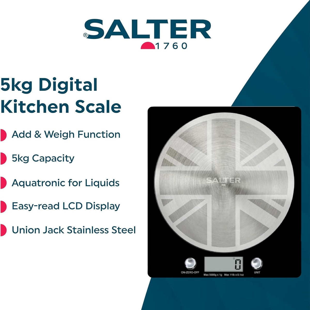Salter Union Jack Electronic Kitchen Scale Black 22cm x 22cm x 25cm 1036 UJBKDRCEU | 5kg Capacity | Digital Food Weighing Scale | Aquatronic for Liquids | Add and Weigh for Multiple Ingredients | Stainless Steel Platform | Batteries Included | Slim for