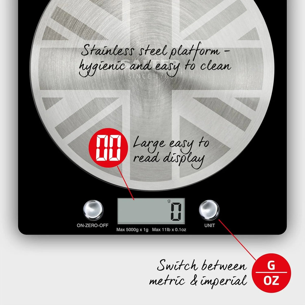 Salter Union Jack Electronic Kitchen Scale Black 22cm x 22cm x 25cm 1036 UJBKDRCEU | 5kg Capacity | Digital Food Weighing Scale | Aquatronic for Liquids | Add and Weigh for Multiple Ingredients | Stainless Steel Platform | Batteries Included | Slim for