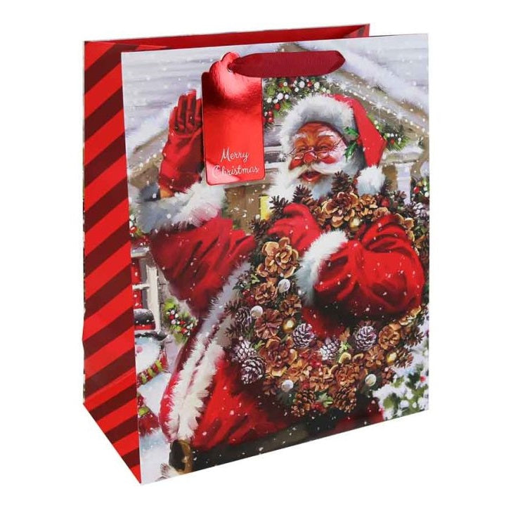 Clairefontaine Eurowrap Christmas Joyful Santa Gift Bag Multicoloured Large 26.5cm x 33cm x 14cm Pack of 12 X-36035-2C | With Red Ribbon Handle