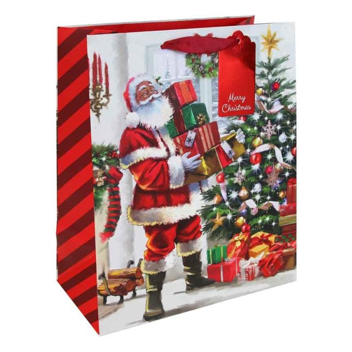 Clairefontaine Eurowrap Christmas Joyful Santa Gift Bag Multicoloured Large 26.5cm x 33cm x 14cm Pack of 12 X-36035-2C | With Red Ribbon Handle