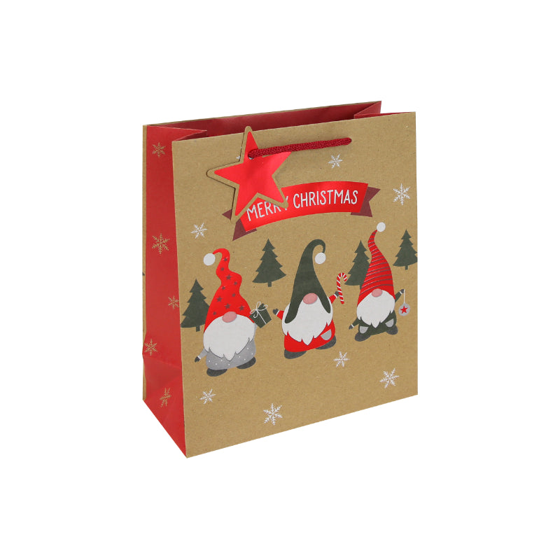 Clairefontaine Eurowrap Christmas Gonk Kraft Gift Bag Multicoloured Medium 21.5cm x 25.3cm x 10cm Pack of 12 X-36048-3C | With Red Ribbon Handle