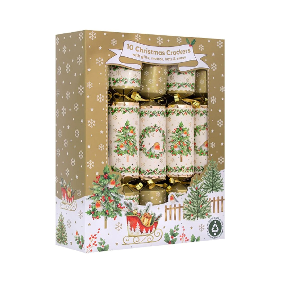 RSW Christmas Robin and Wreath Crackers Multicoloured Pack of 10 12-Inch XM7032 | With Hats-Mottos-Gifts and Snaps | Recyclable Packaging | Plastic Free Gifts